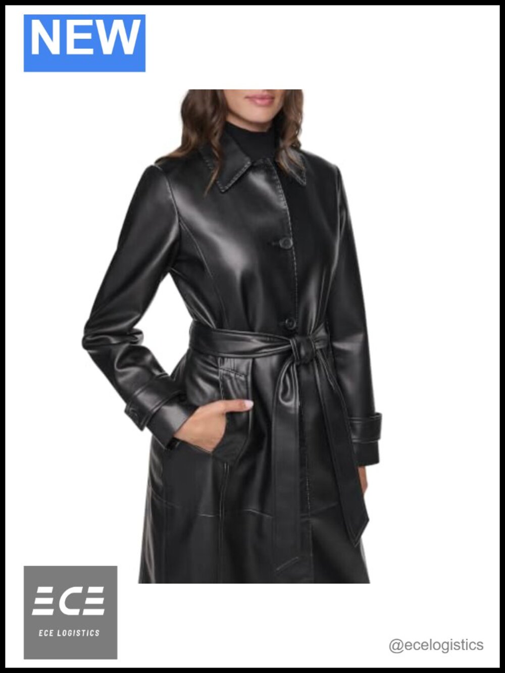 Women's Long Faux Leather Belted Trench Coat Button Front